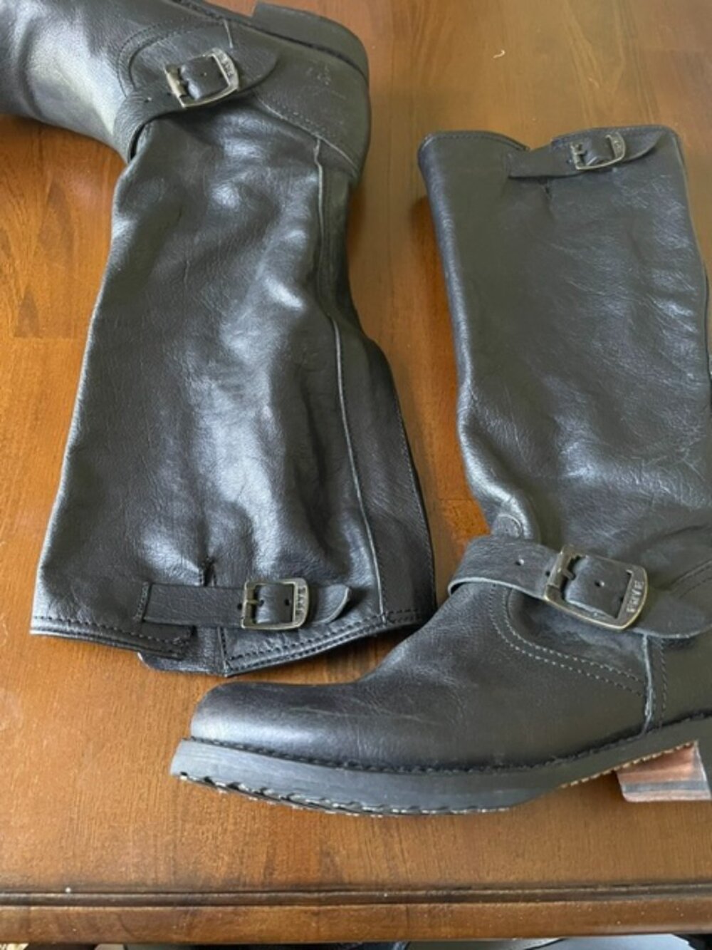 Frye, Black Leather Riding, heeled, motto boots, Women's 10